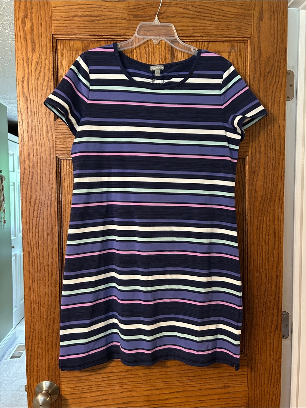 Talbots Striped Short Sleeve Dress in Navy, White, Lavender